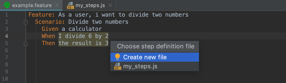 Creating Cucumber.js step definitions: select target file