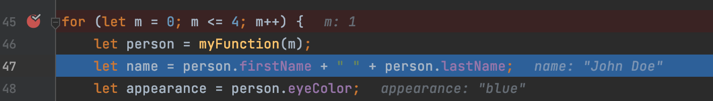 Variable values are displayed at the lines where they are used