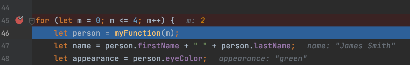 Inline values of the variables change with each step