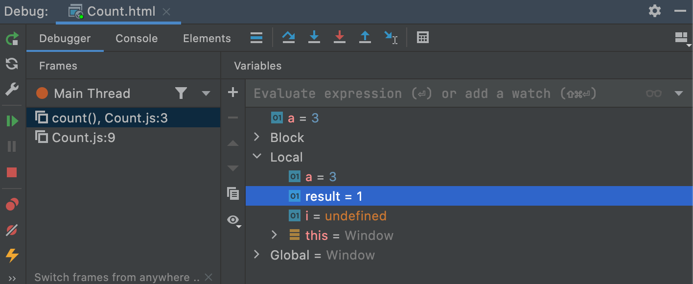 The Variables tab shows you the variables visible from the current execution point