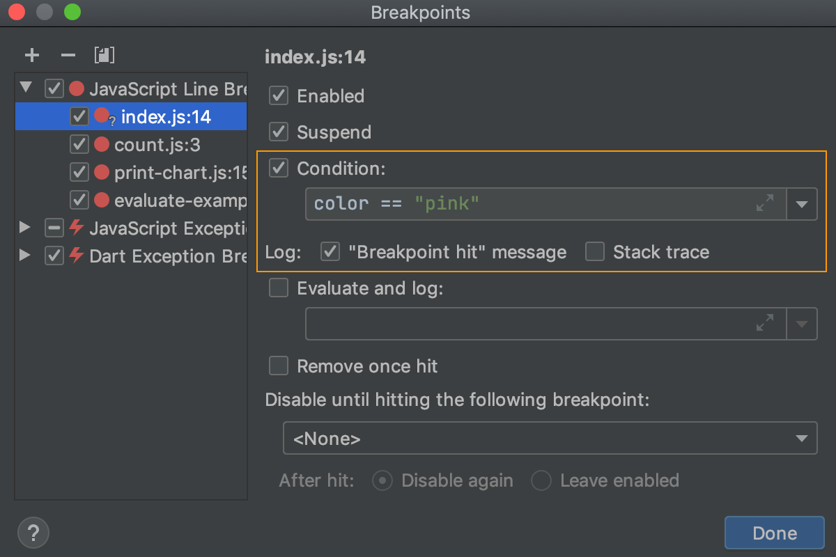 Conditional breakpoint: define consition through a boolean expression