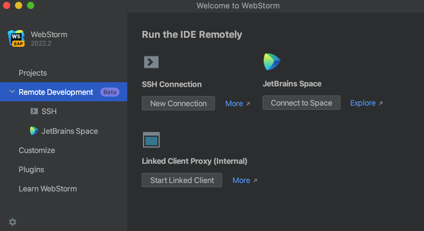 Configuring remote development settings on Welcome screen