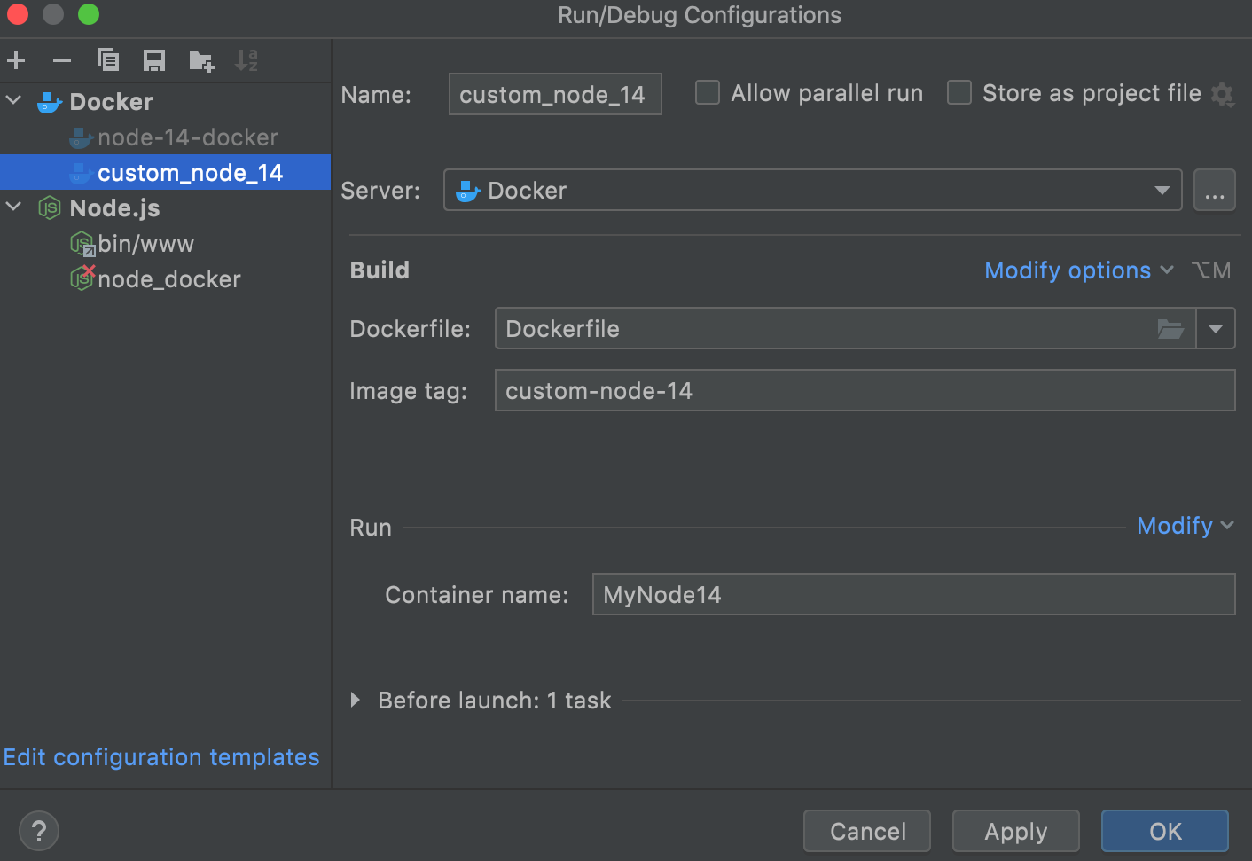 Dockerfile run configuration dialog