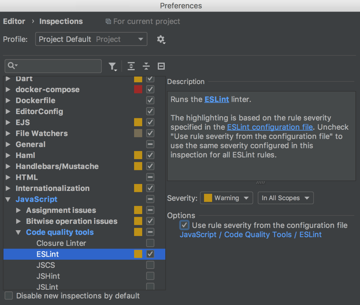 Specifying a custom severity level for ESLint