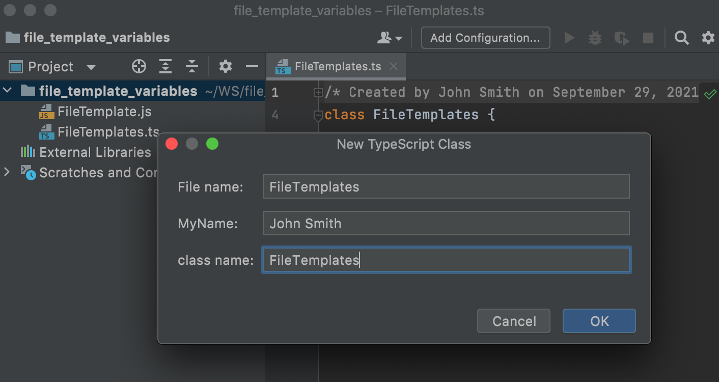 Create a TypeScript class via a custom template: specify the values for custom variables