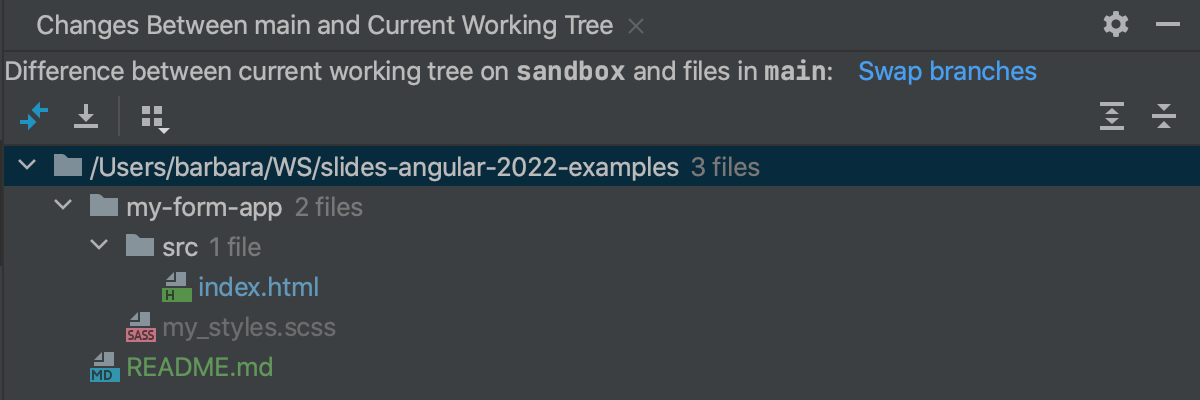 Show diff between selected branch and current working tree