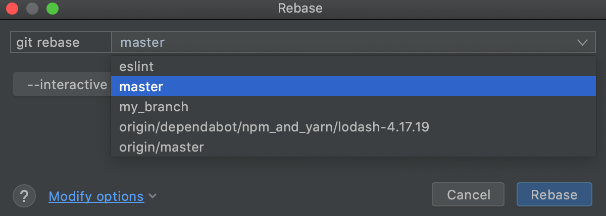 Choose target branch in the Git rebase dialog