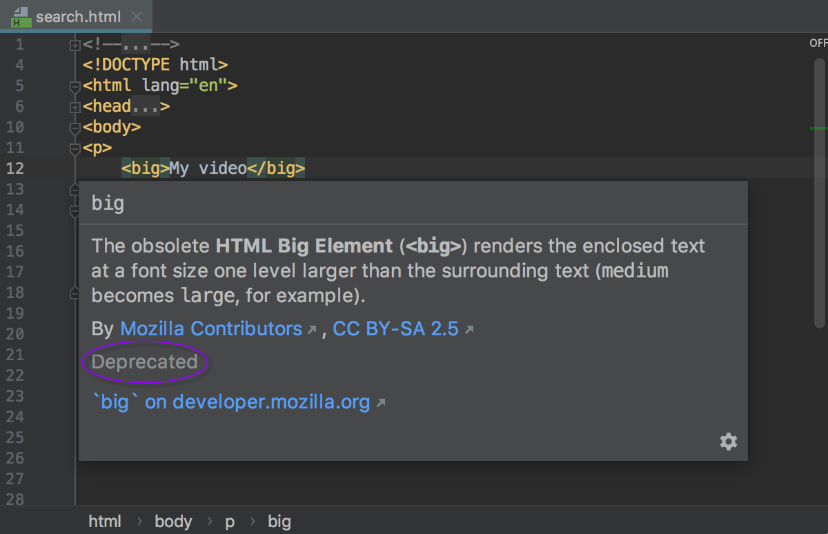 HTML quick documentation: status Deprecated for <big> tag