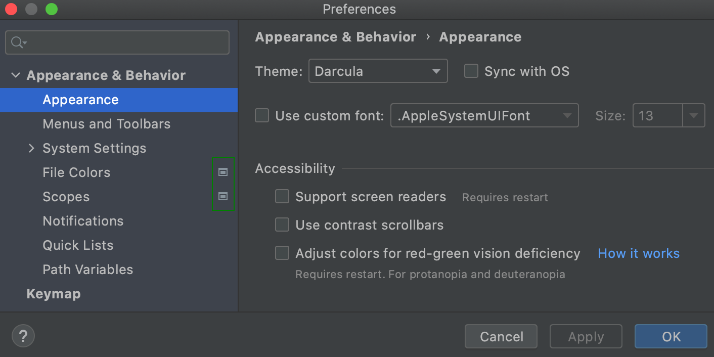 Project abd global settings marked in the Settings/Preferences dialog