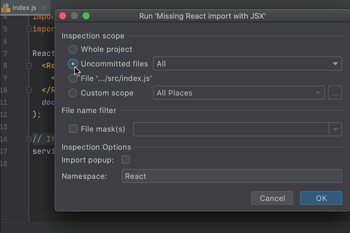 Running one inspection in uncommitted files