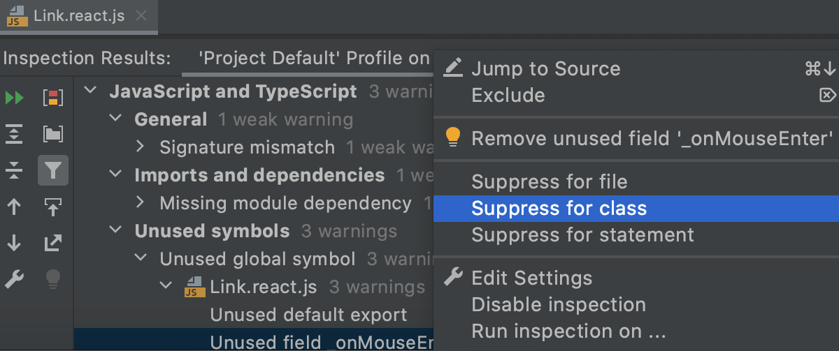 Suppressing an inspection in the Results tool window