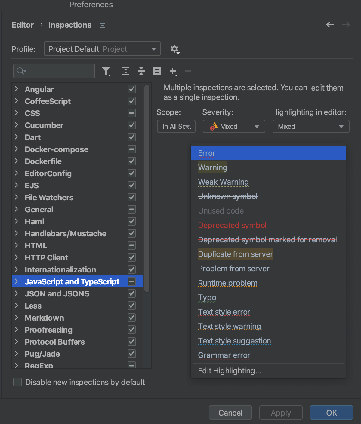 The list of inspections and their settings