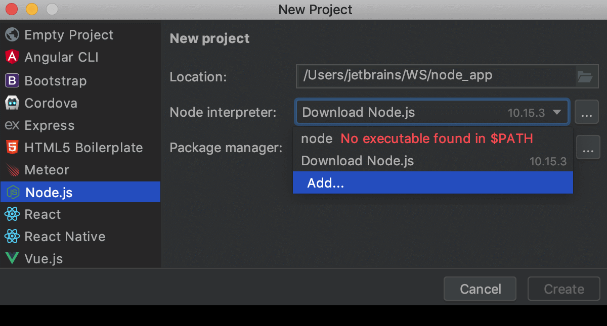 Installing Node.js during project creation in the Create Project dialog