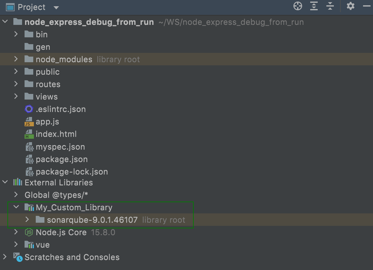 A custom library is shown under the external Libraries node
