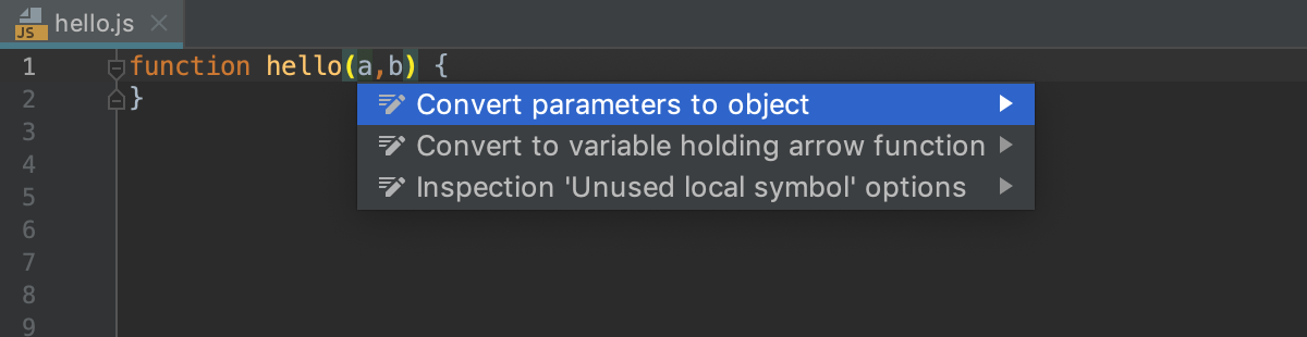 Destructuring with intention action: Convert parameters to object