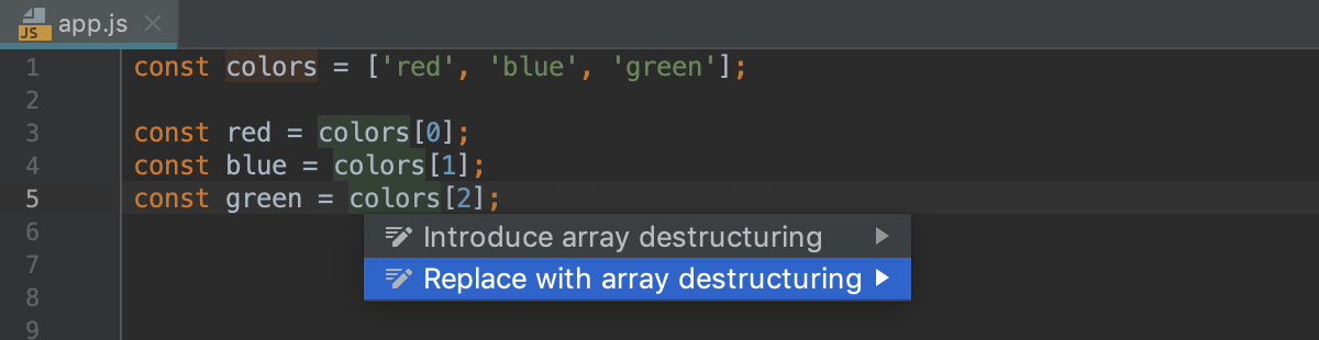Destructuring with intention action: Replace with array destructuring