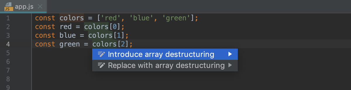 Destructuring with intention action: Introduce array destructuring