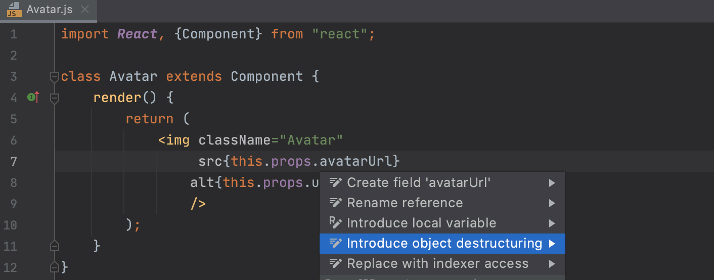 Destructuring with intention action: Introduce object destructuring in a React class