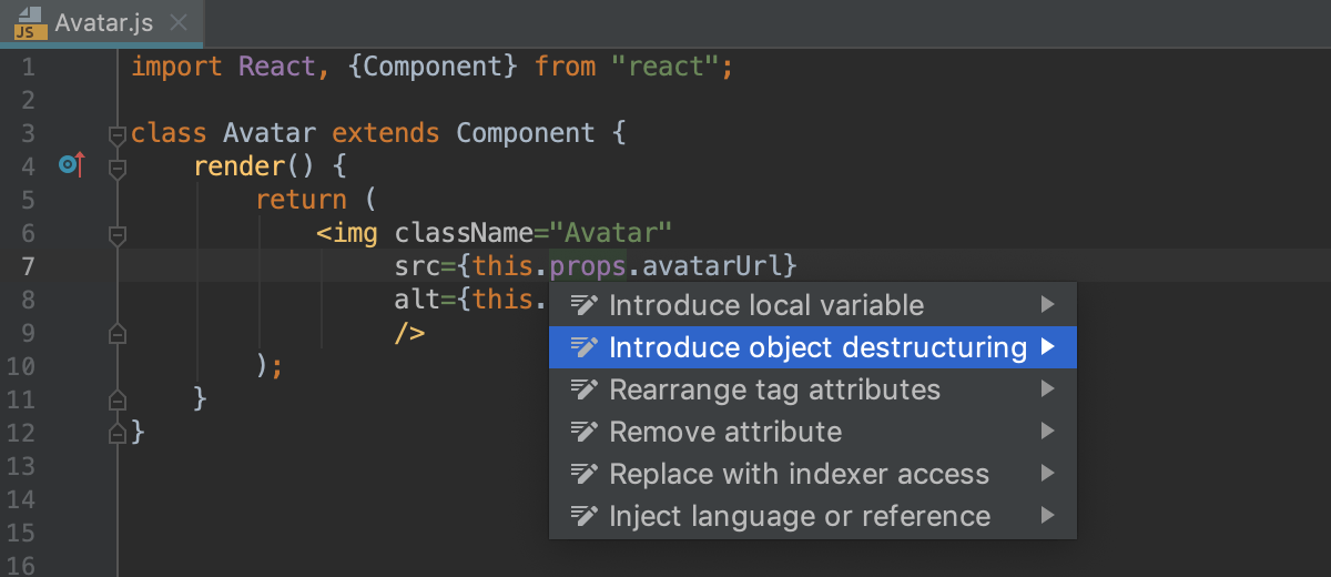 Destructuring with intention action: Introduce object destructuring in a React class