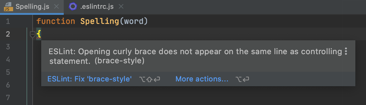 JavaScript linters: errors and warnings are highlighted, the description of a problem is shown in a tooltip.