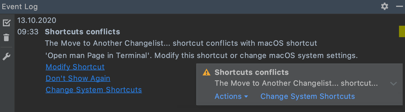 Notification on conflicting shortcuts