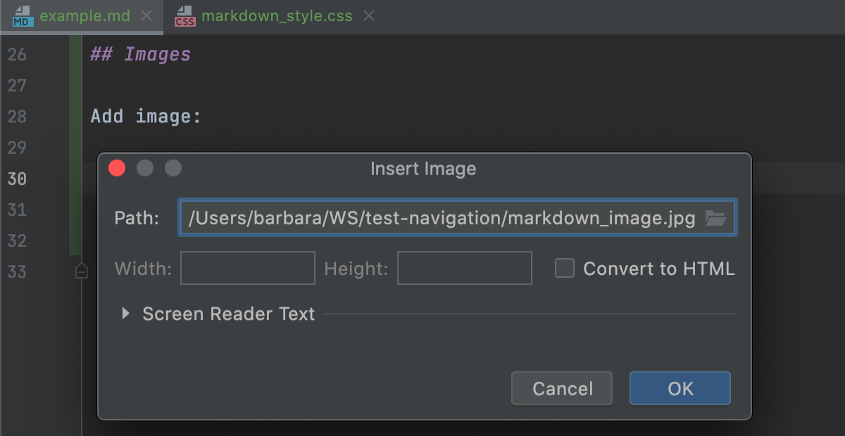 Markdown: Insert Image dialog