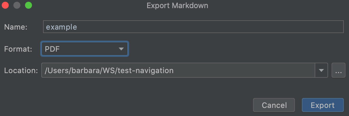 The Markdown Export dialog