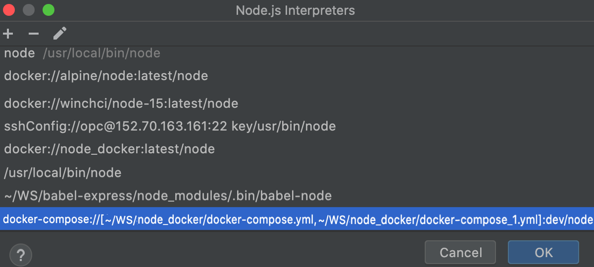 Remote Interpreters dialog: the new Node.js interpreter in Docker added to the list