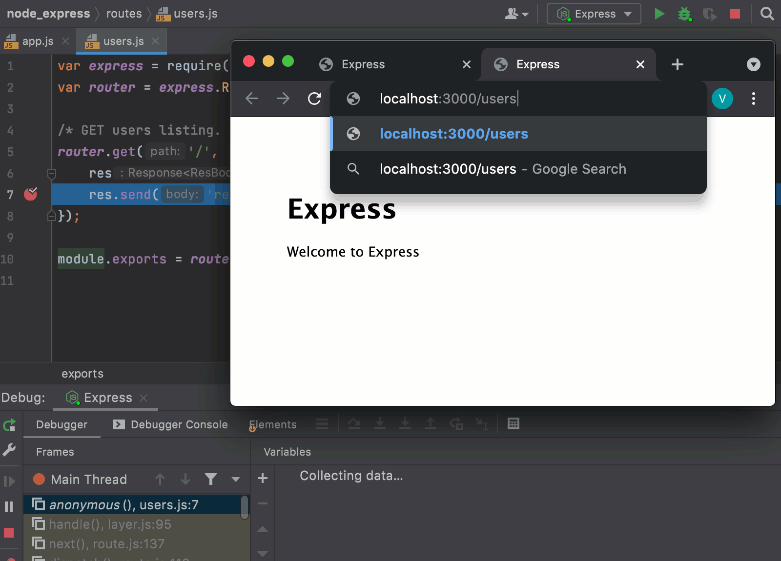 Start and debug a Node.js Express app