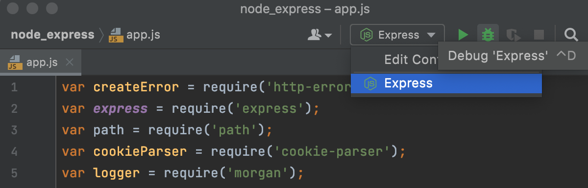 Start a Node.js  debugging session with a run/debug configuration