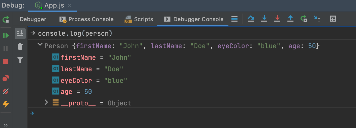 Node interactive debugger console: run JavaScript code