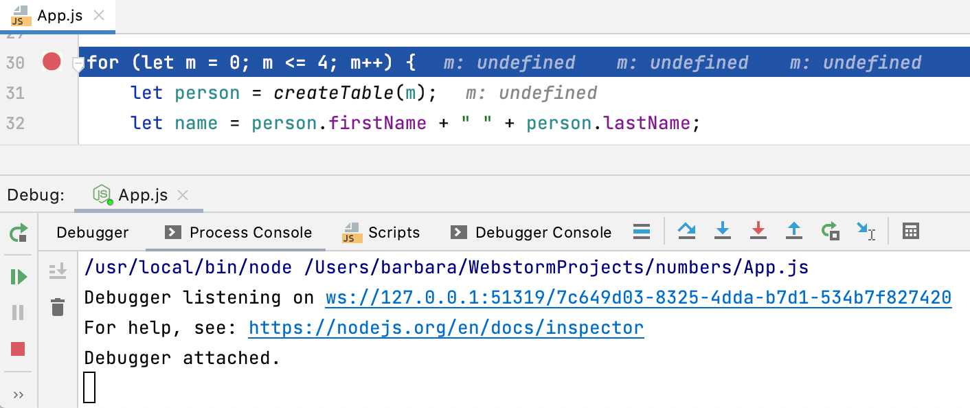 Node.js debugging session: Process Console