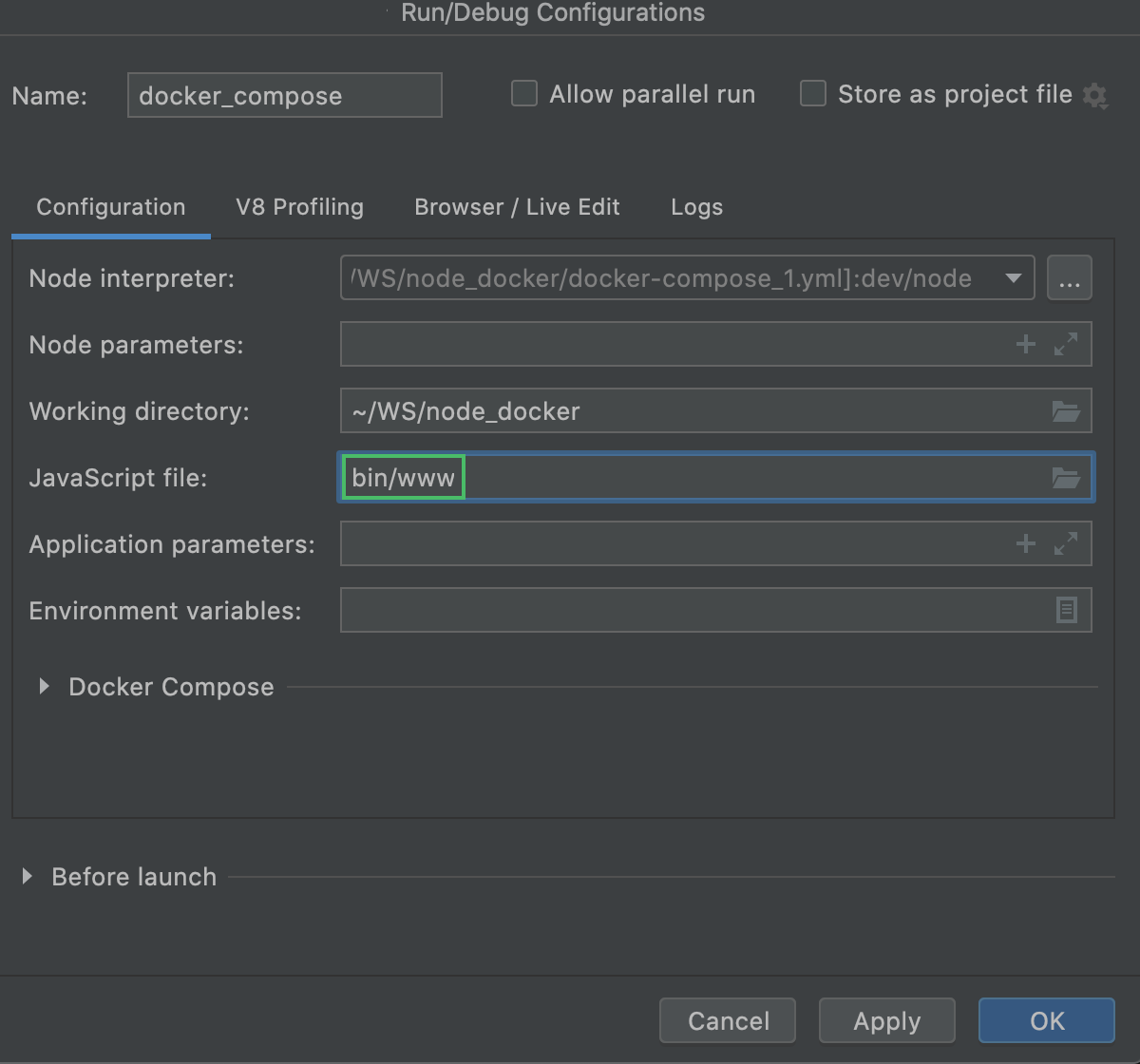 Node.js run/debug configuration: JavaScript file specified