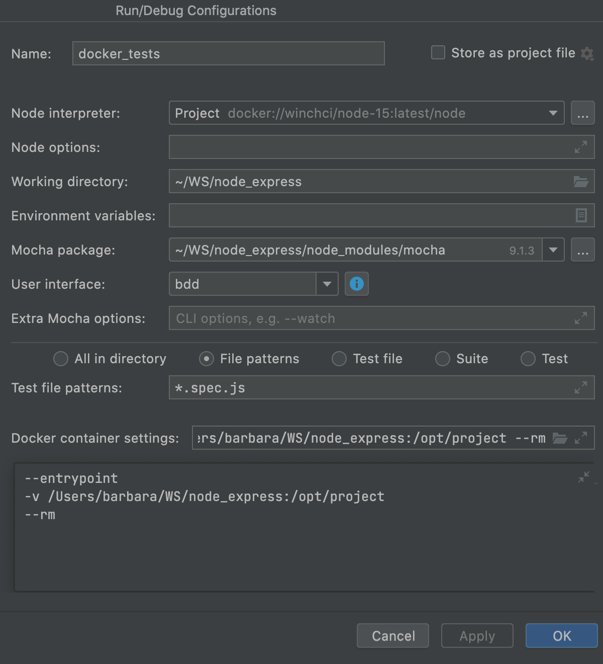 Node.js with Docker: run/debug configuration, Docker container settings