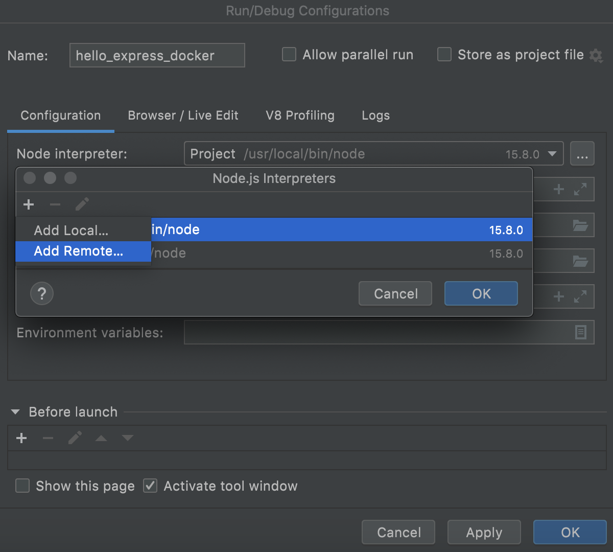 Node.js with Docker: run/debug configuration, configure interpreter, select Add Remote