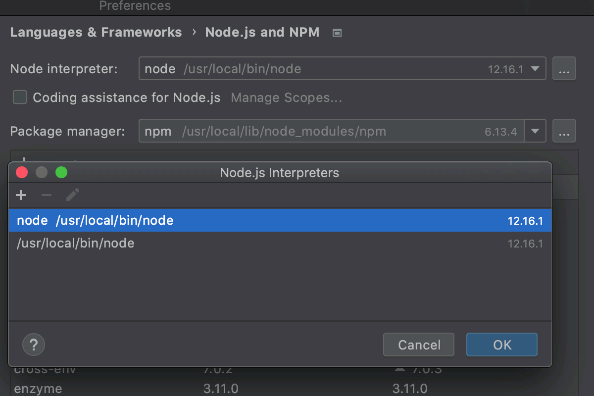 Open the Node.js Interpreters dialog from Settings