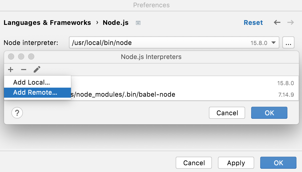 Configure Node.js interpreter in Docker container: Add Remote