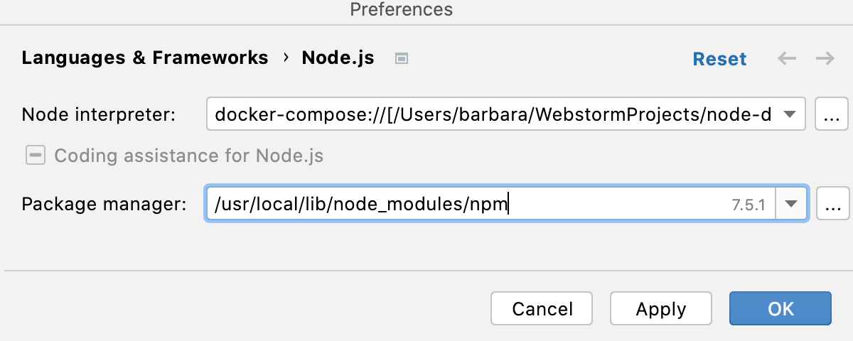 Configure Node.js interpreter in Docker container: set as default project interpreter