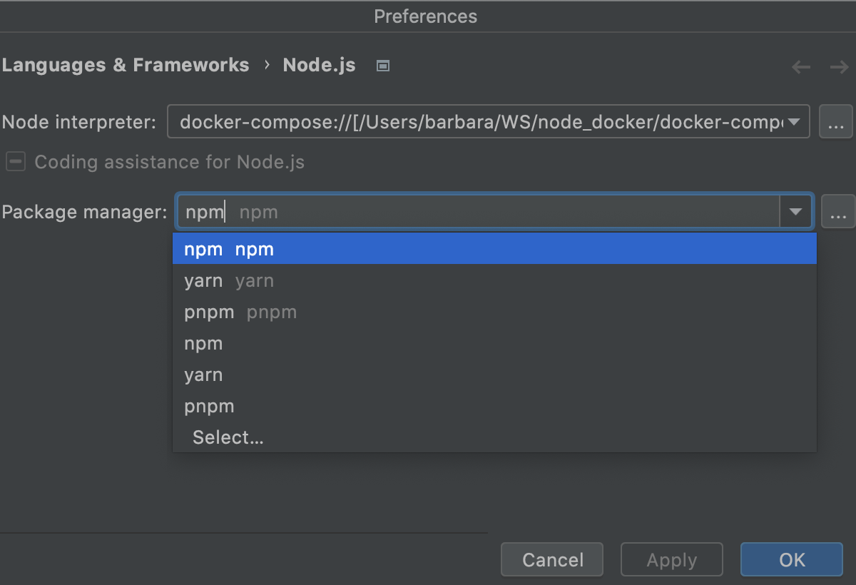 Settings: newly configured remote Node.js interpreter selected as default