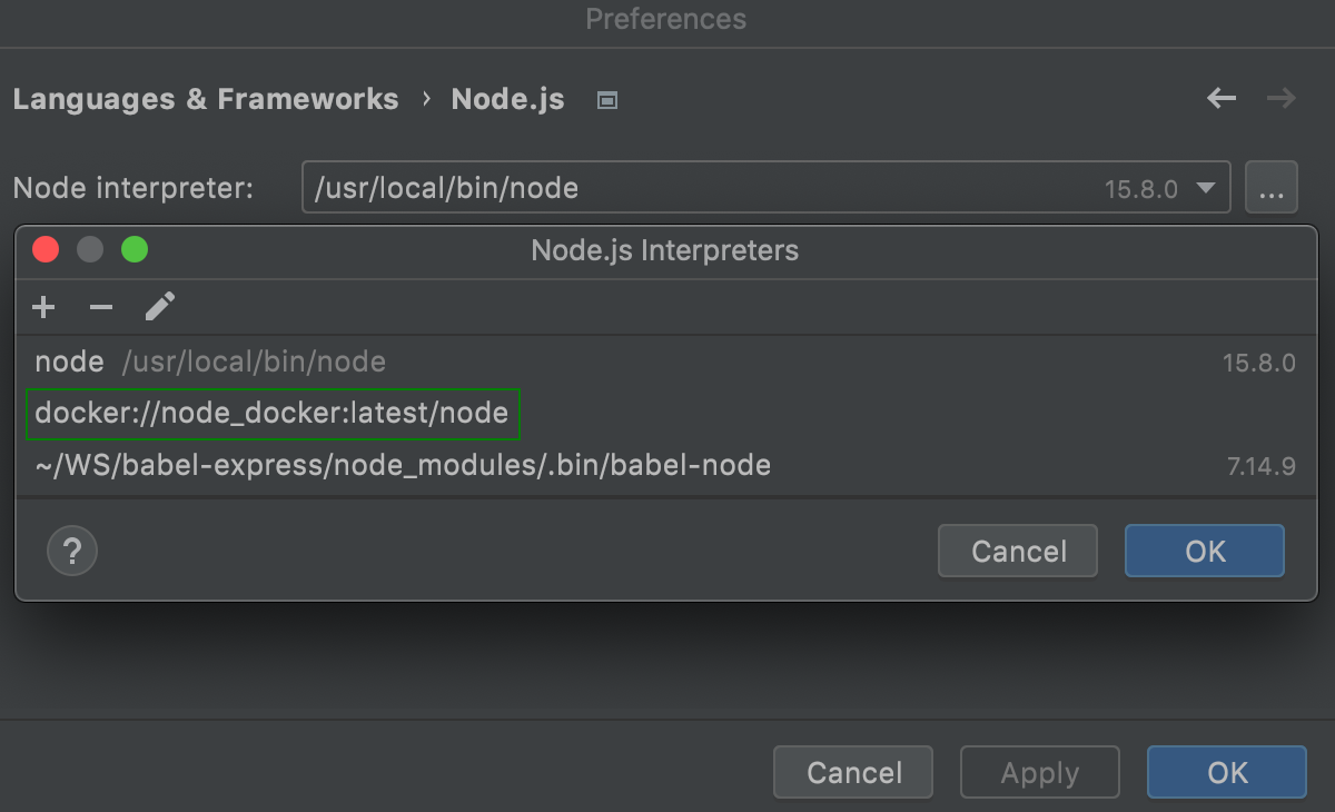 Remote Interpreters dialog: the new Node.js interpreter in Docker added to the list