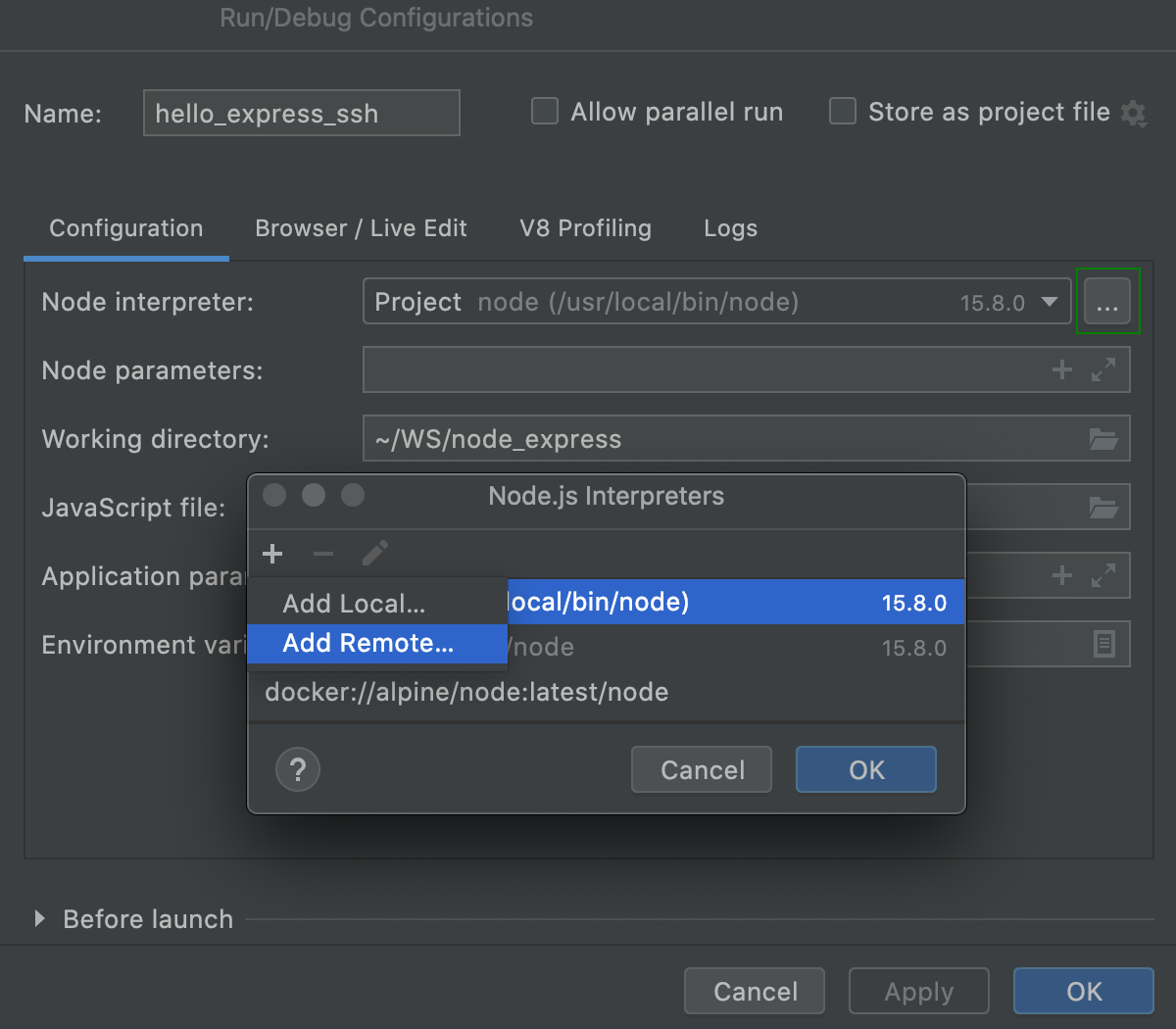 Node.js via SSH: run/debug configuration, configure interpreter, select Add Remote