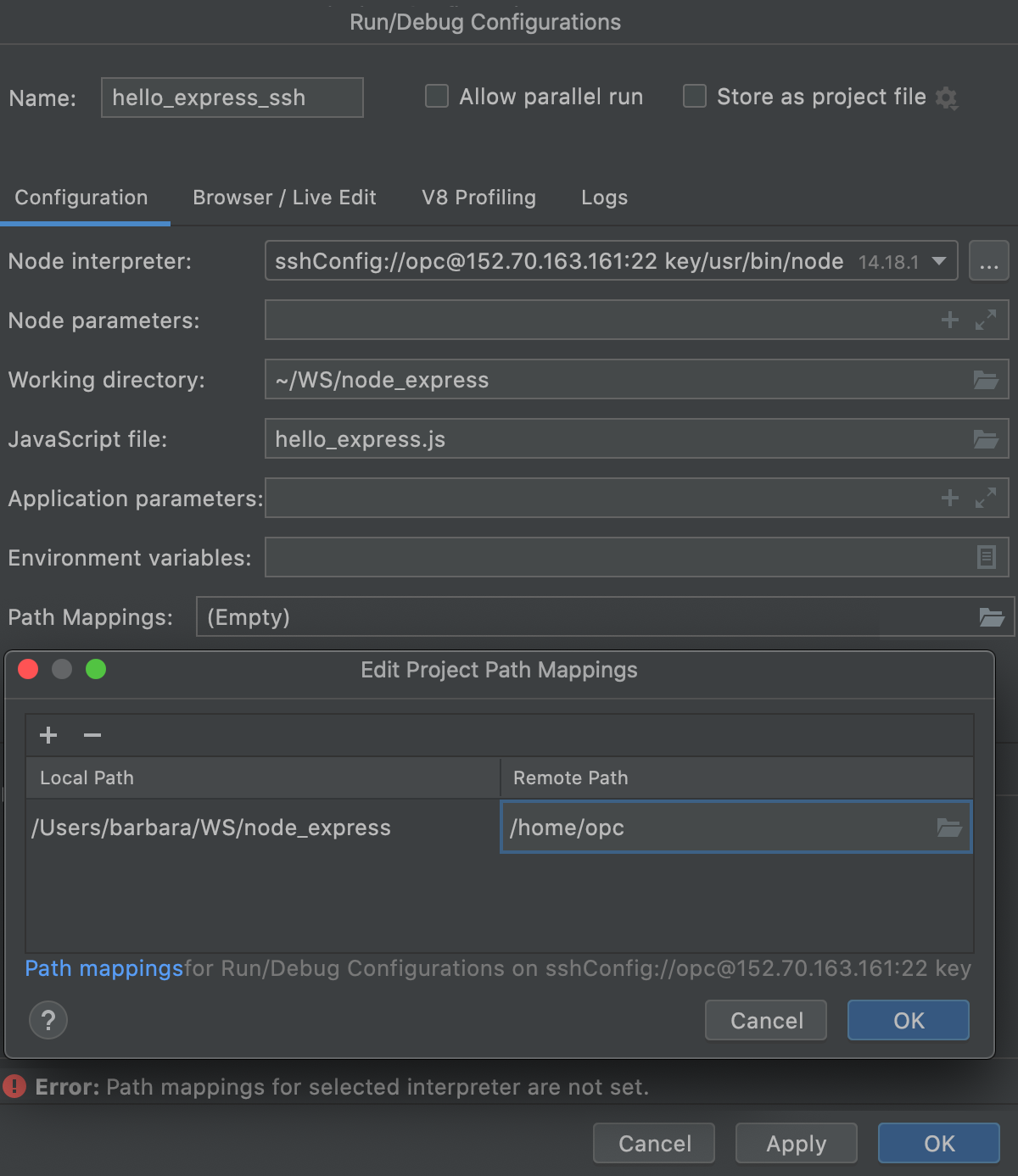 Create Node.js run configuration: mapping added