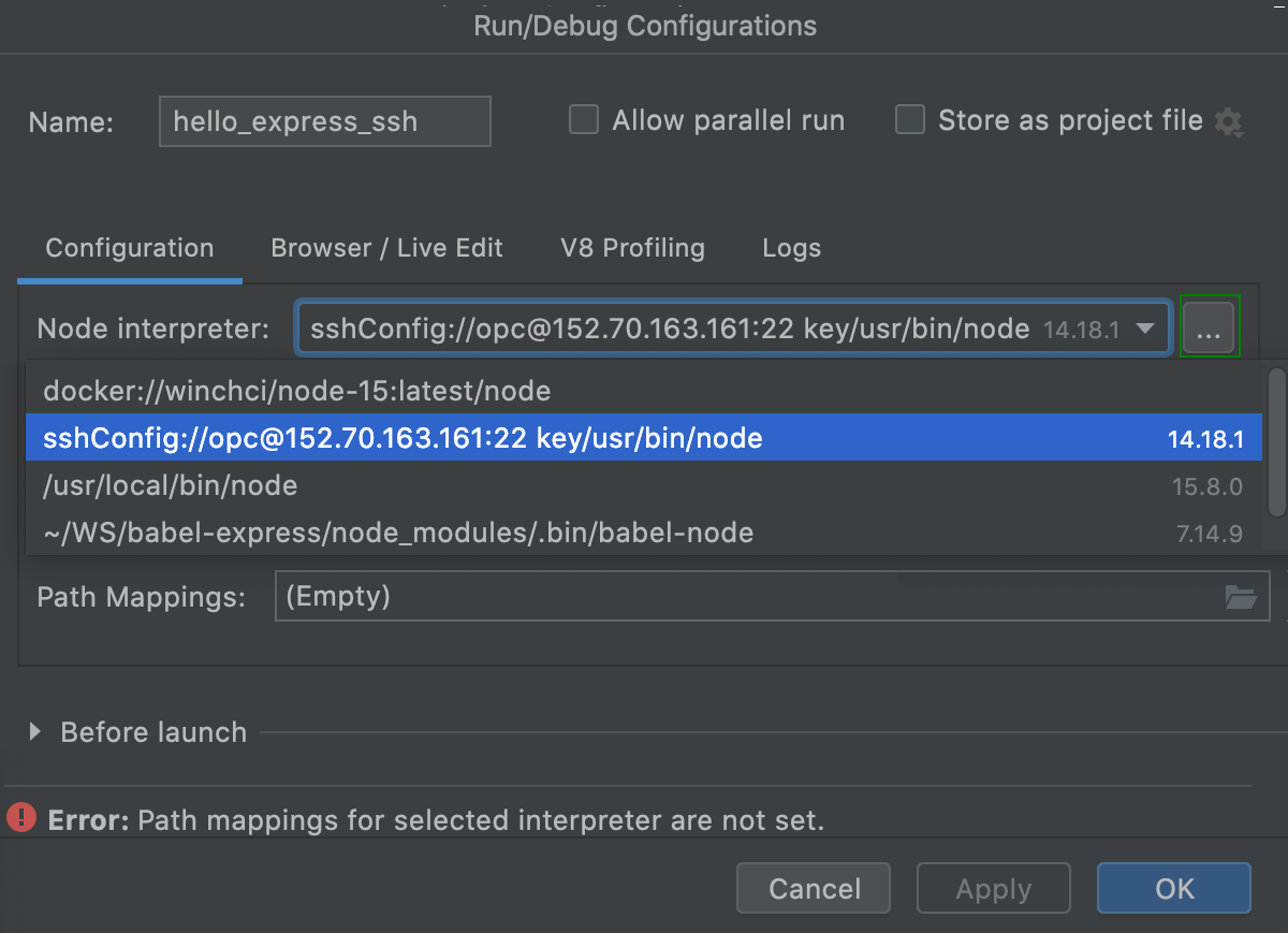 Create Node.js run configuration: select remote Node.js via SSH interpreter