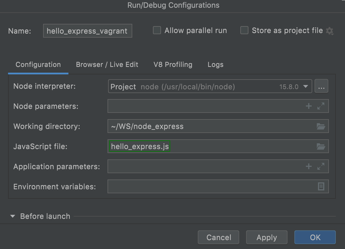 Node.js run/debug configuration: JavaScript file specified