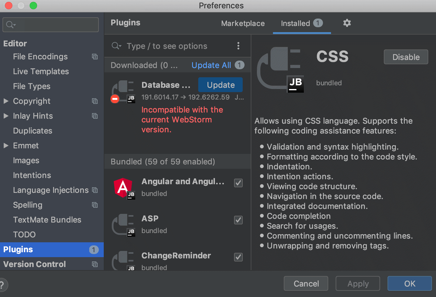 The Plugins settings dialog