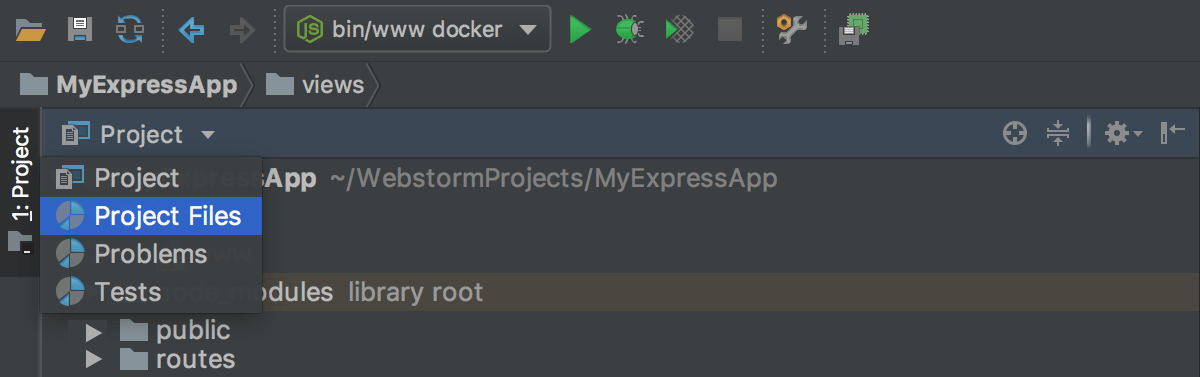 WebStorm: choosing a view in the Project tool window