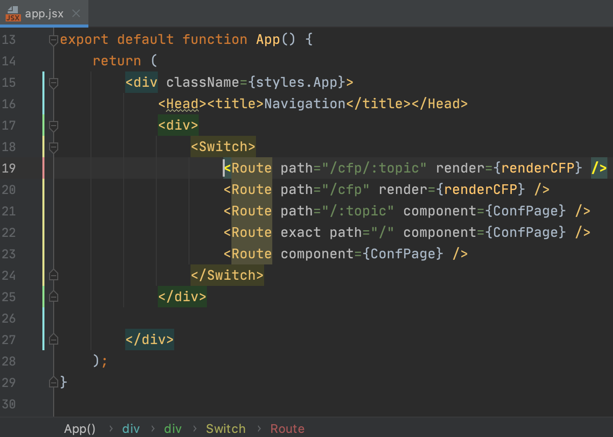 Highlighting and breadcrumbs for JSX tags in a React application