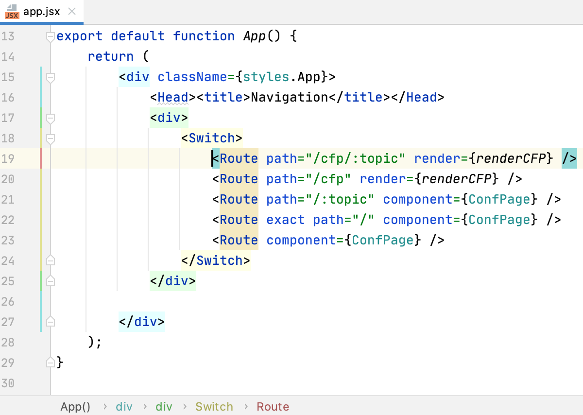 Highlighting and breadcrumbs for JSX tags in a React application