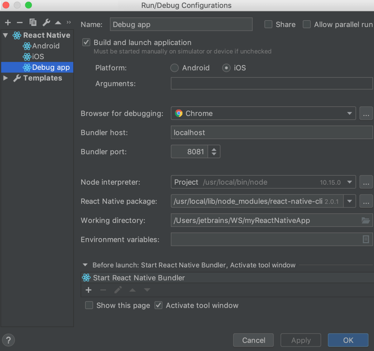 React Native Run/Debug Configuration