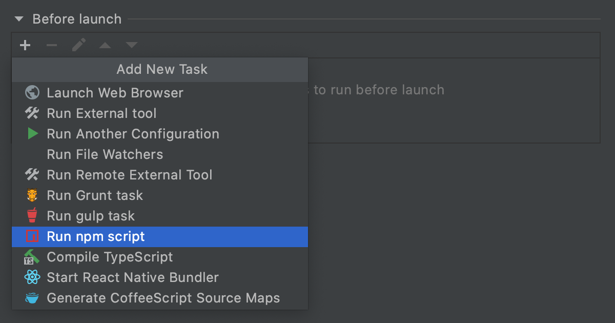 React Native Debug configuration for debugging with Expo: Add Run npm script task